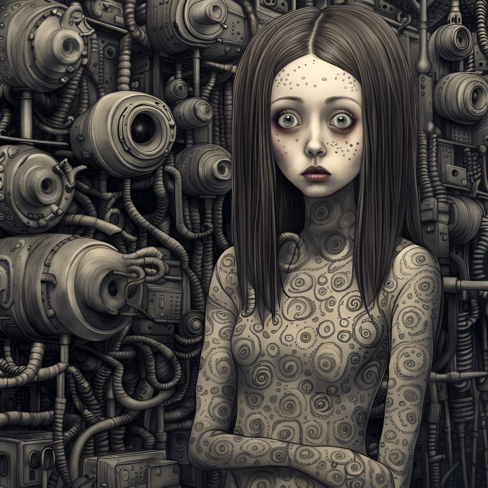 Surreal Horror Girl Working on Machine as Matte Painting
