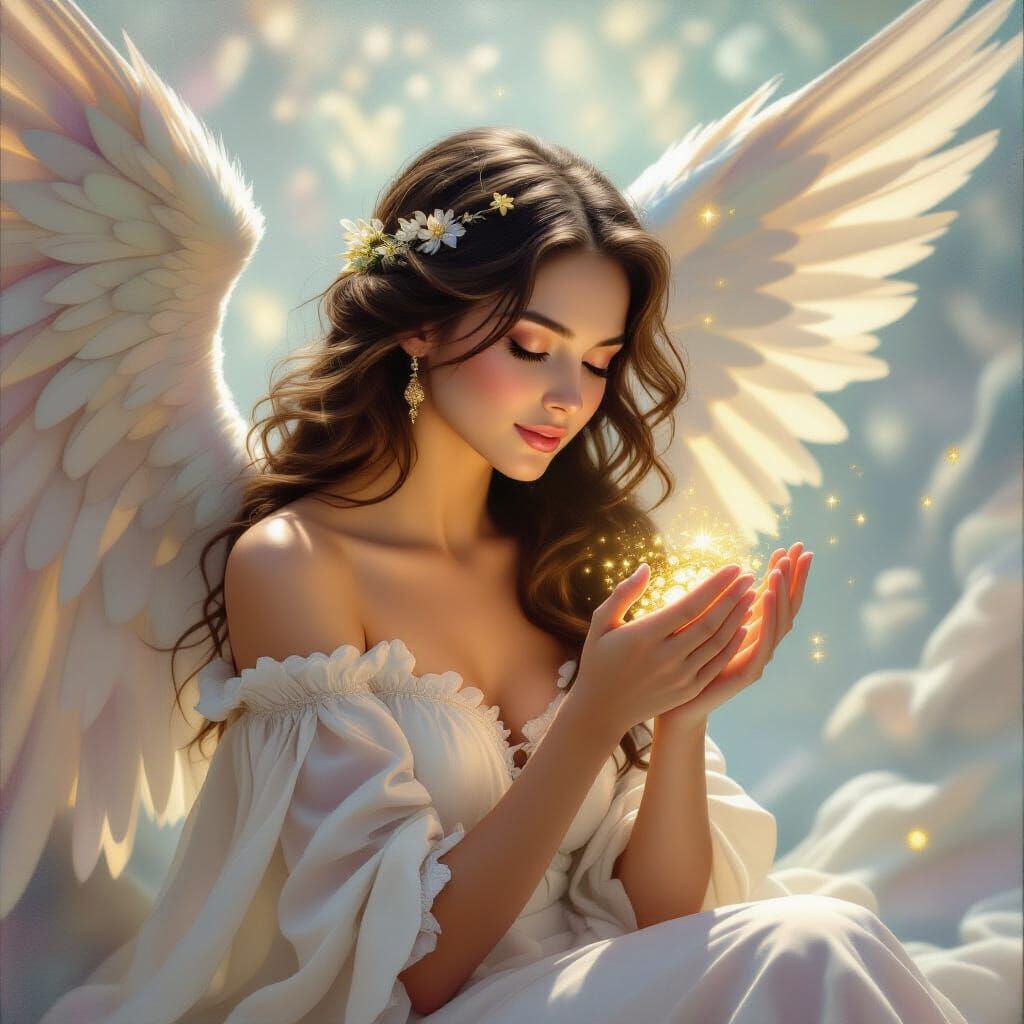 Serene Angel Counting Golden Blessings in Luminous Oil Style