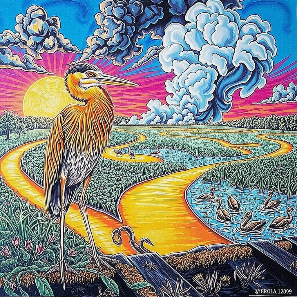 Dreamlike River Delta at Sunset with Heron