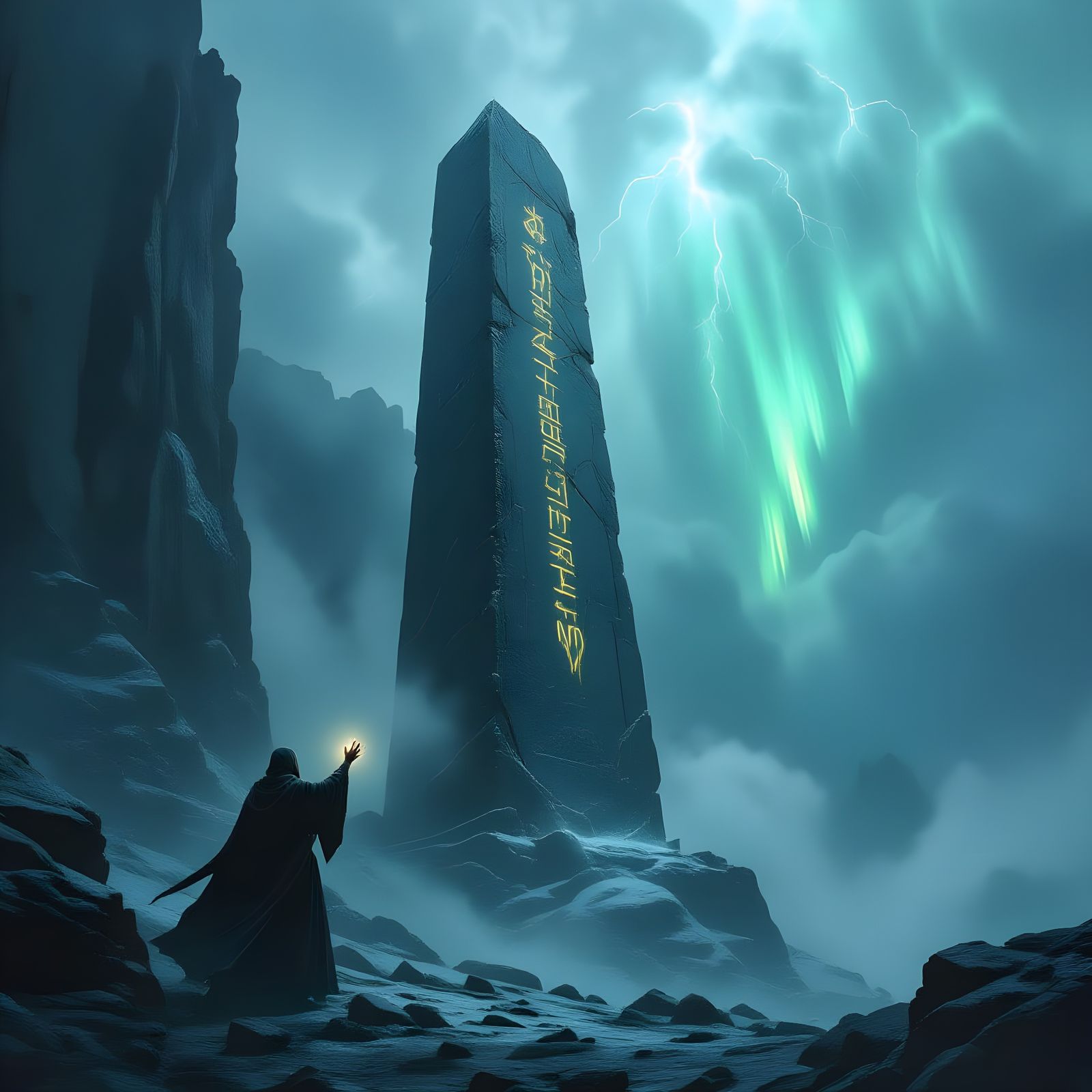 Wizard and Runes on Crumbling Cliffside Obelisk
