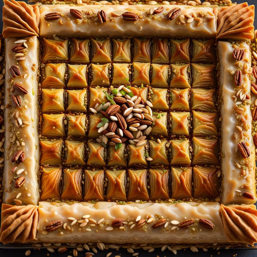 Hyperrealistic Baklava Masterpiece with Honey and Nuts