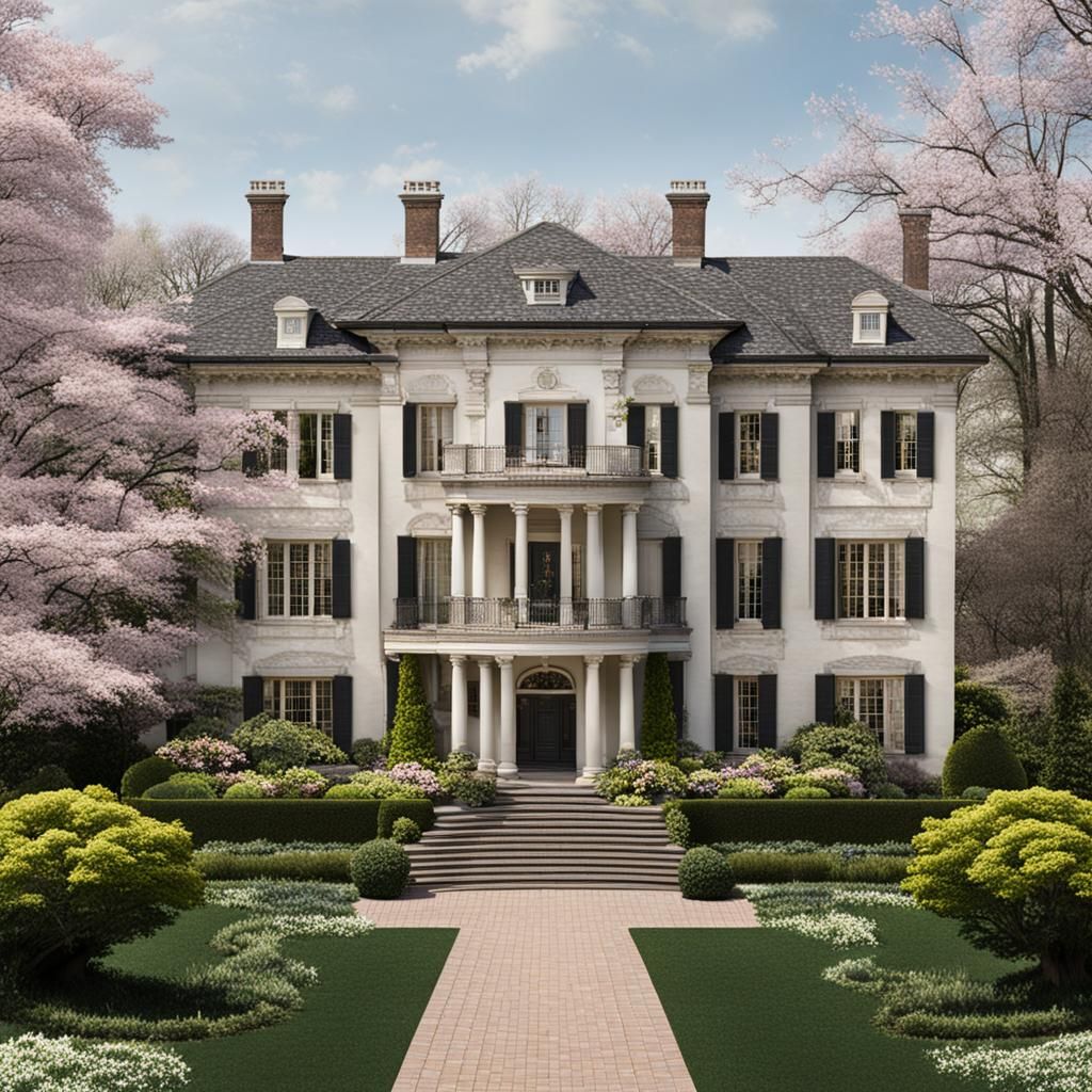 Grand Mansion Exterior in Spring
