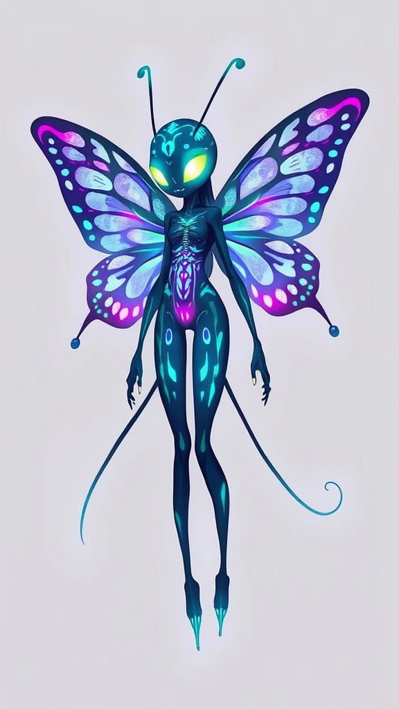 Glowing Slenderwoman Butterfly in Cyberpunk Aesthetic