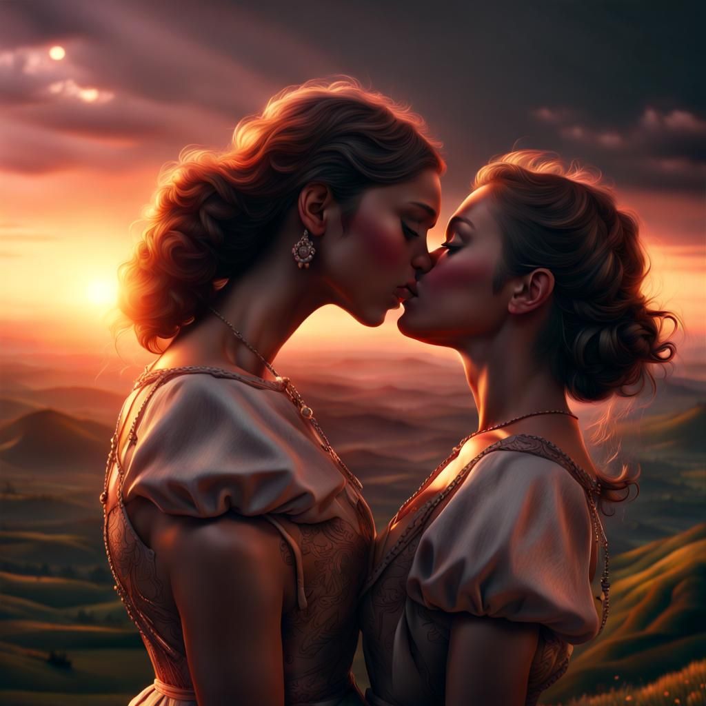 Girls Kissing Silhouetted on Hill at Sunset