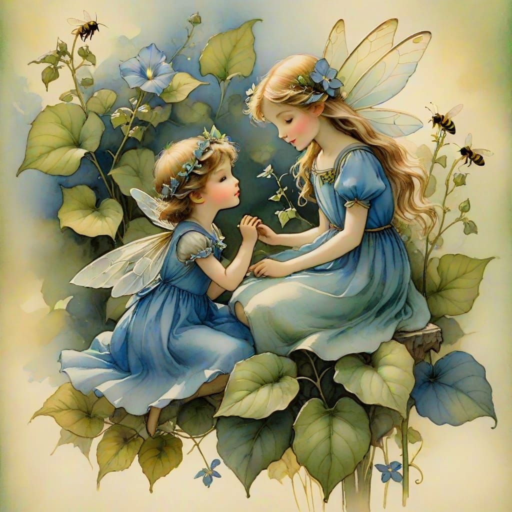 Morning glory fairies in the style of Cicely Barker