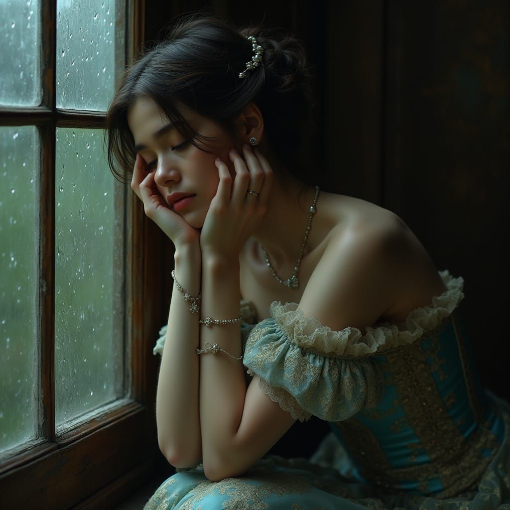 Surreal Victorian Woman Lost in Rainy Day Reflections