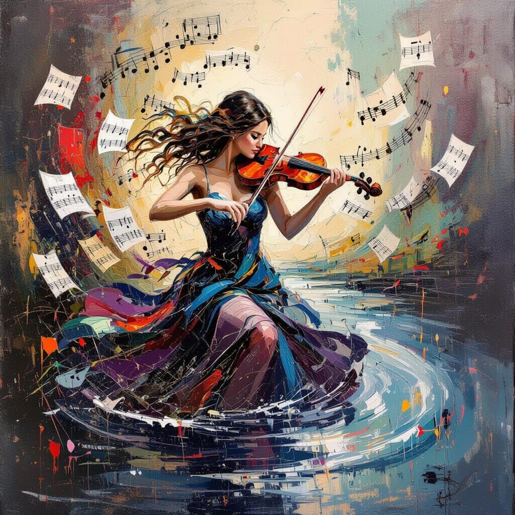 Violinist Merges with River: 3D Abstract Painting
