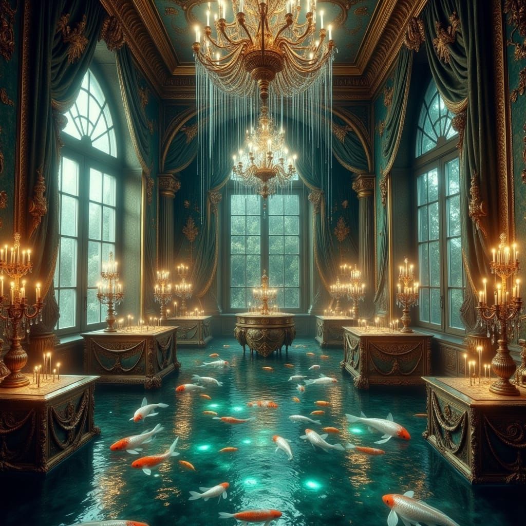 Flooded Ballroom with Koi, Dreamy Symbolist Style