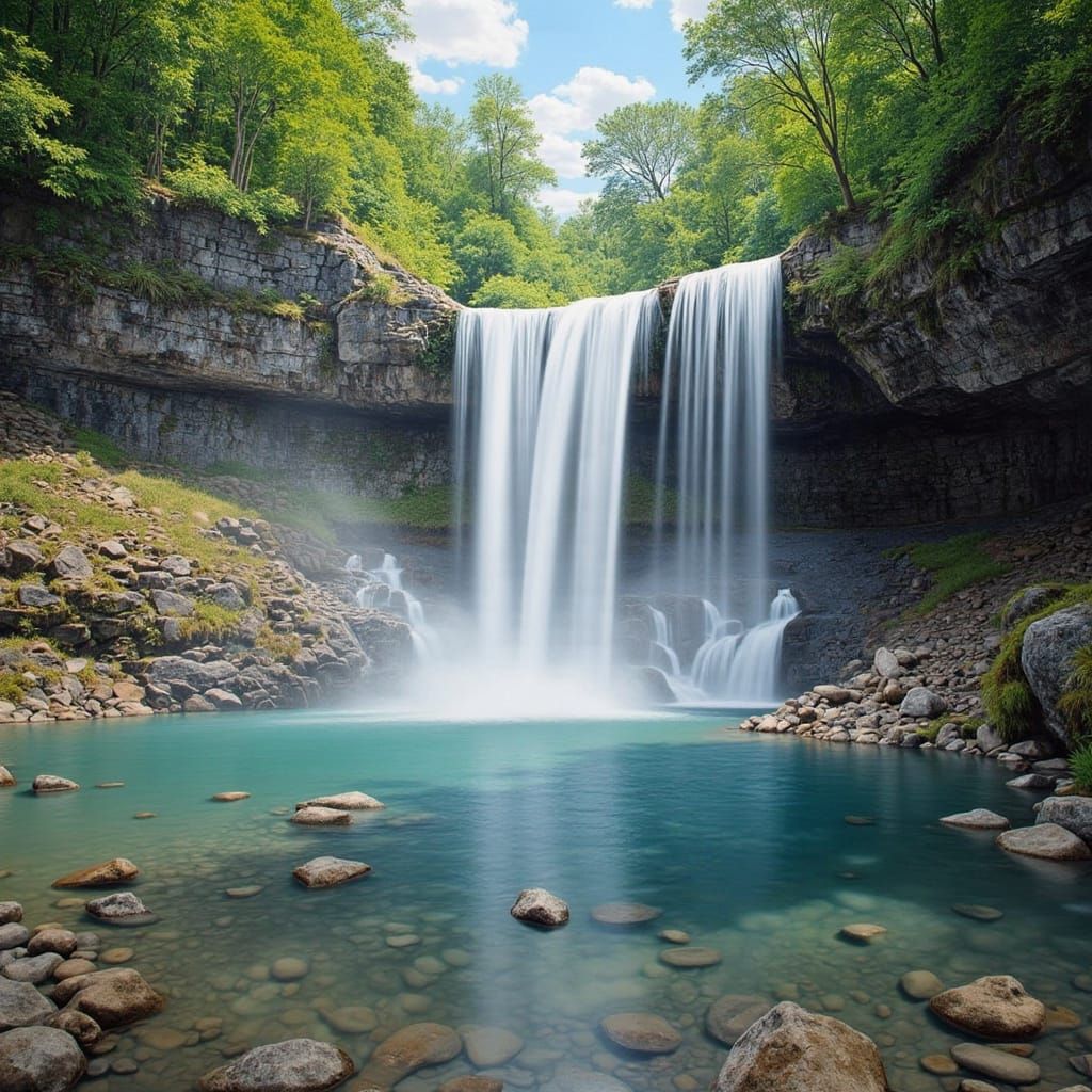 Photorealism. A waterfall flows down over the rocks and gree...