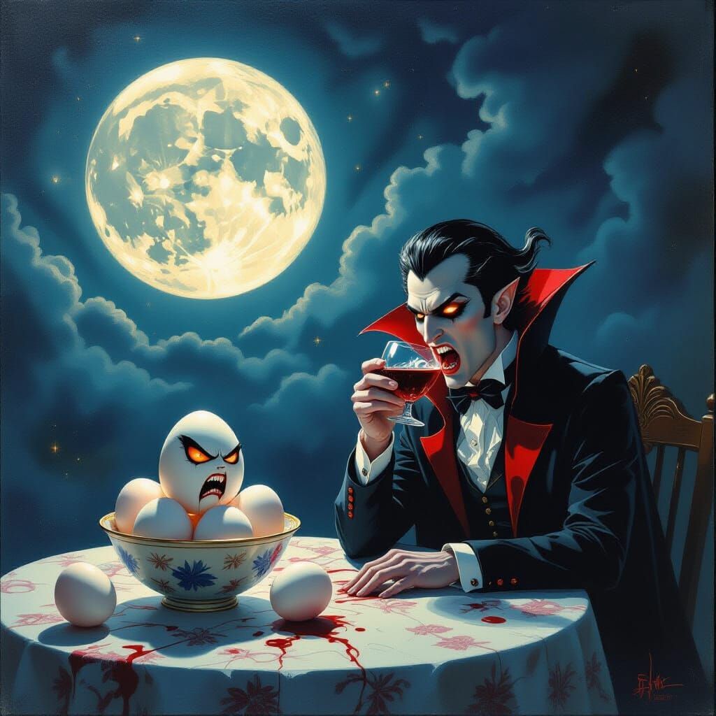 Furious Eggs and Vampire in Surreal Scene