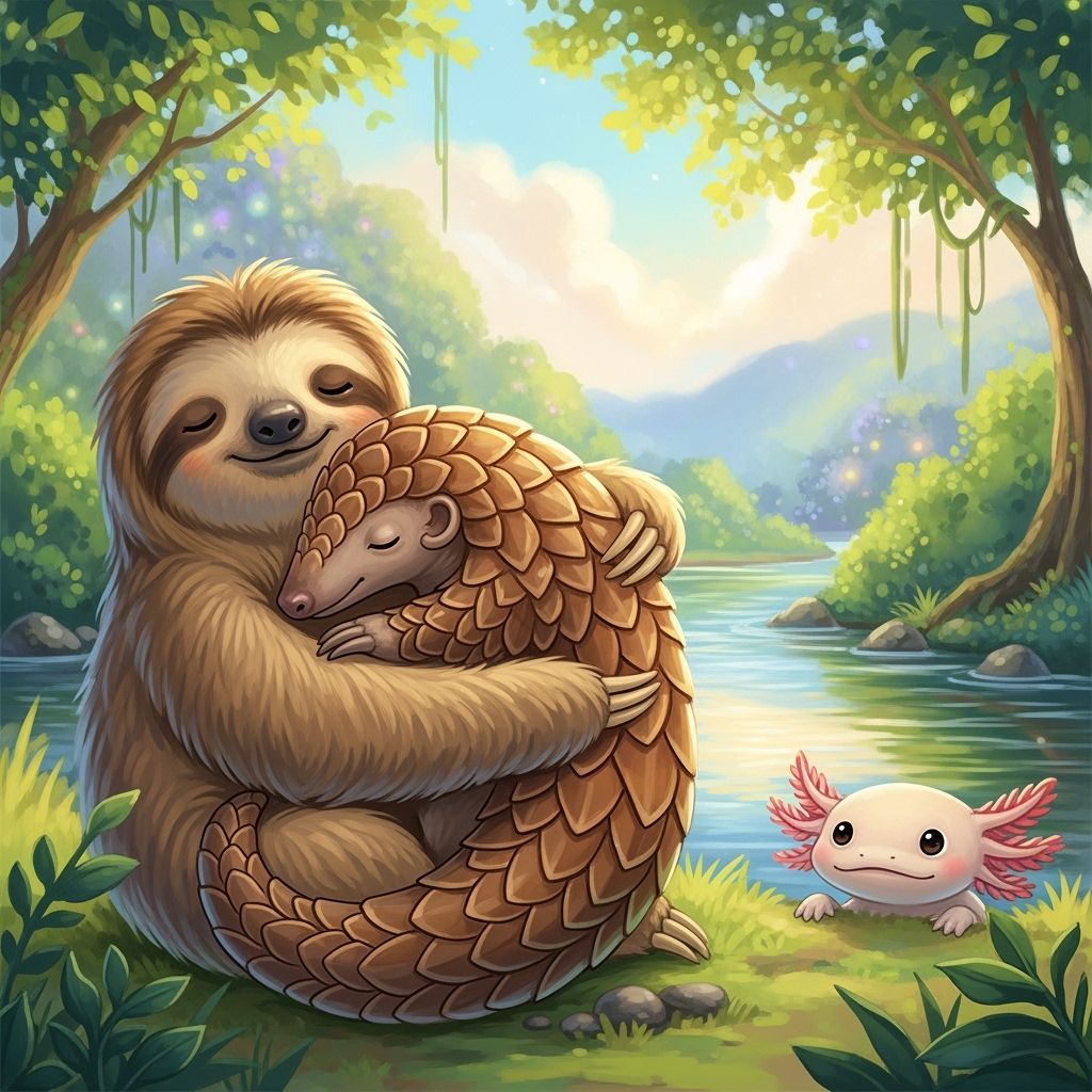 Sloth and Pangolin Hugging by a River with Axolotl