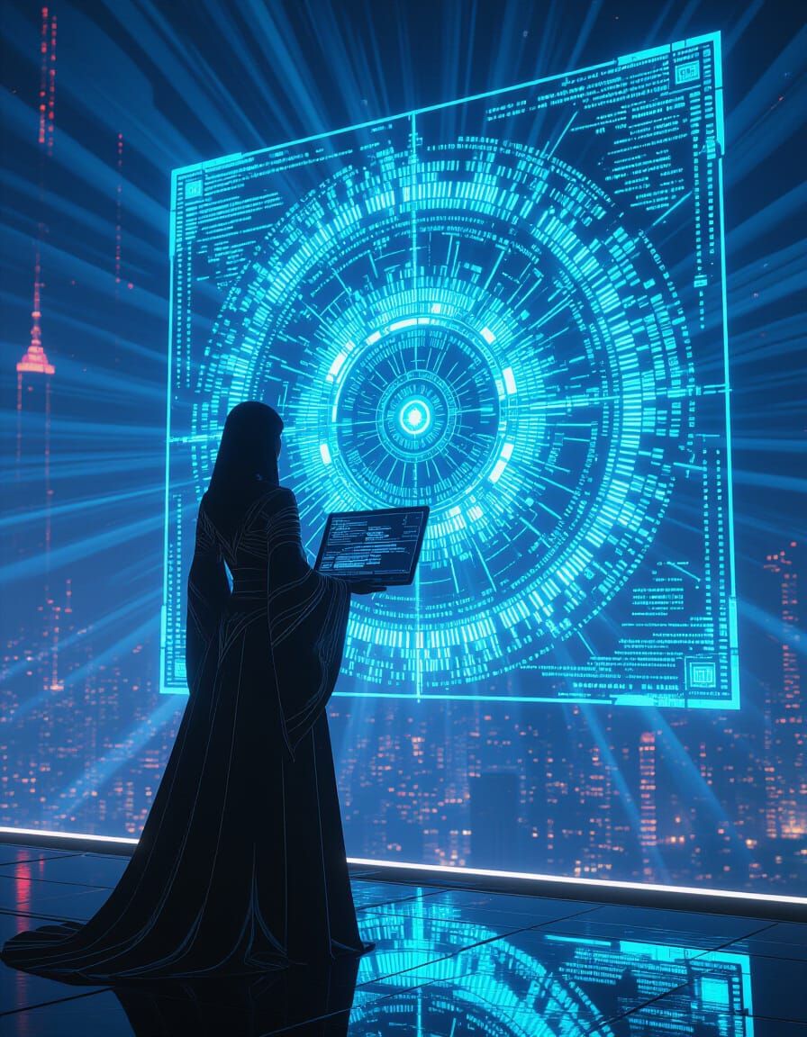 Woman in Tech Fashion Before Holographic Security Code Scree...