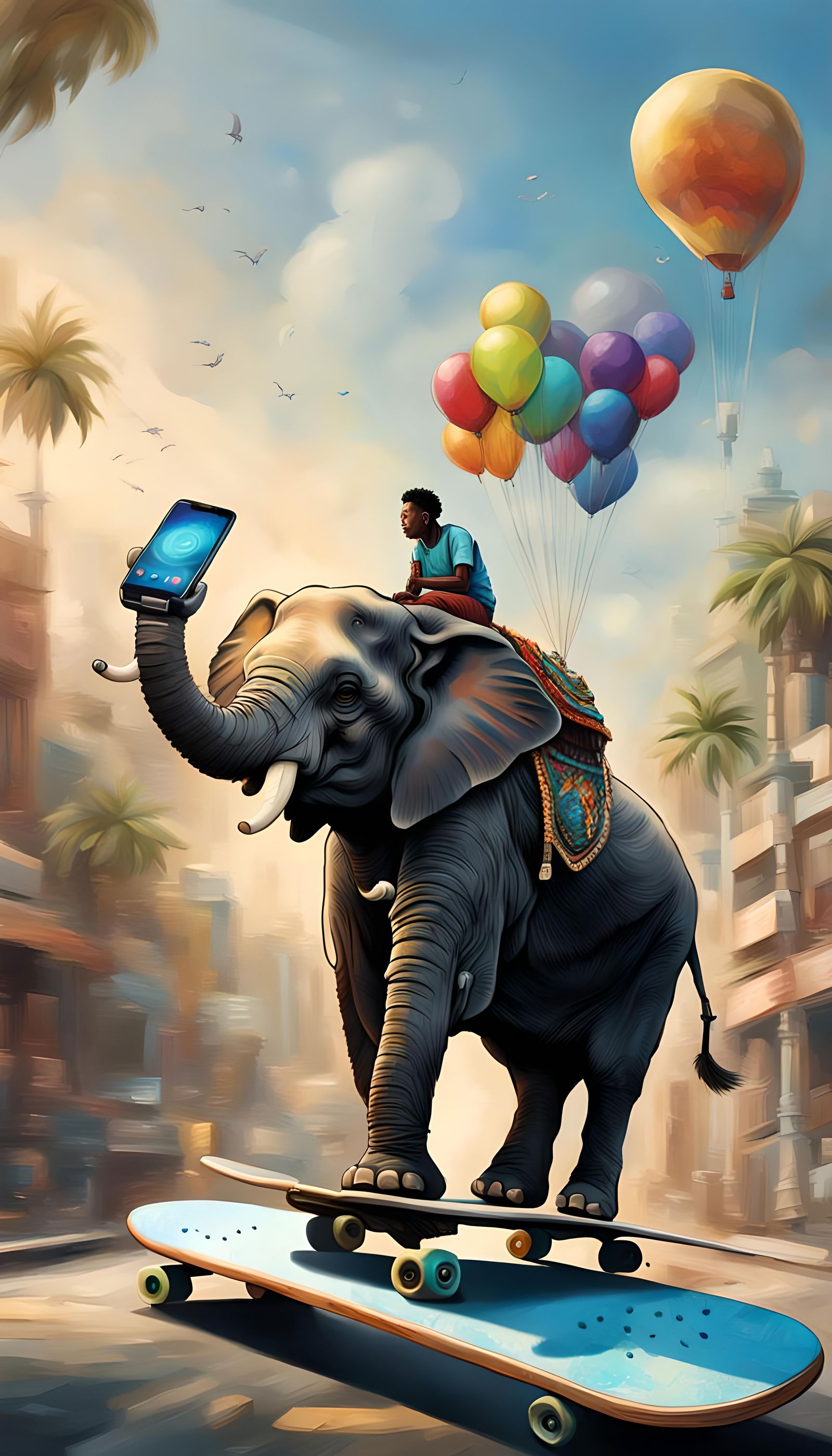 Elephant Rides Skateboard Holding Cellphone: Hyperrealistic ...
