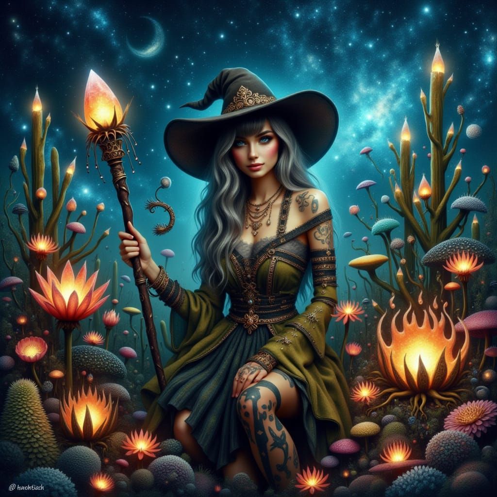 Punk Witch Tending to Bioluminescent Garden under Swirling G...
