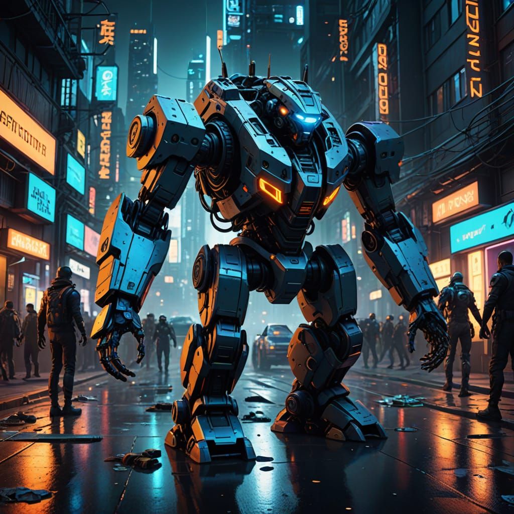 Cyberpunk Cityscape Under Siege by Robotic Invaders