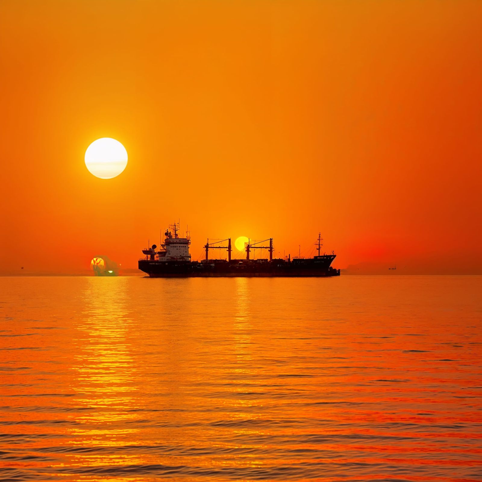 Surreal Sunrise Silhouette Over Calm Sea in Vibrant Orange a...