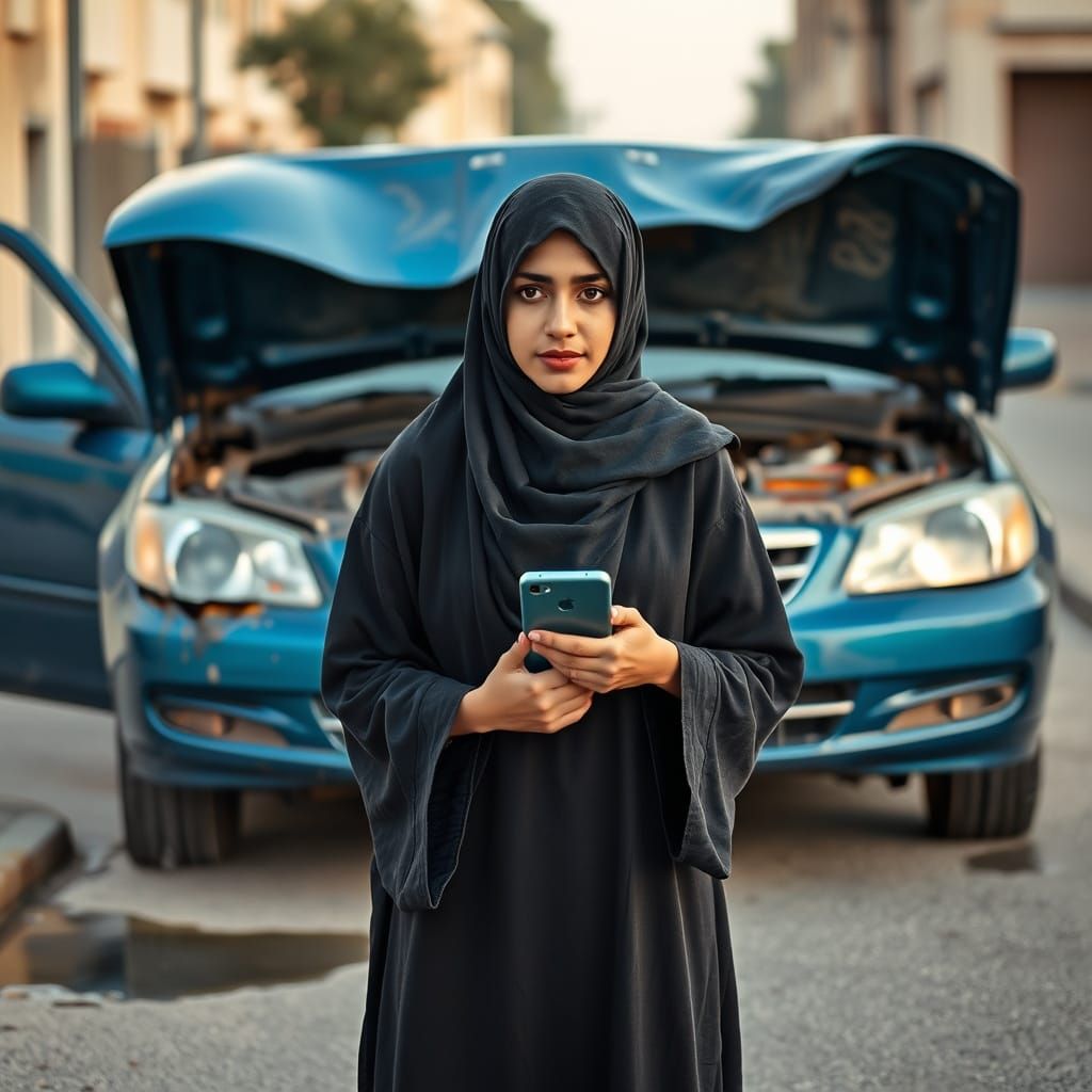 Young Saudi Woman Confronts Car Trouble in Traditional Abaya
