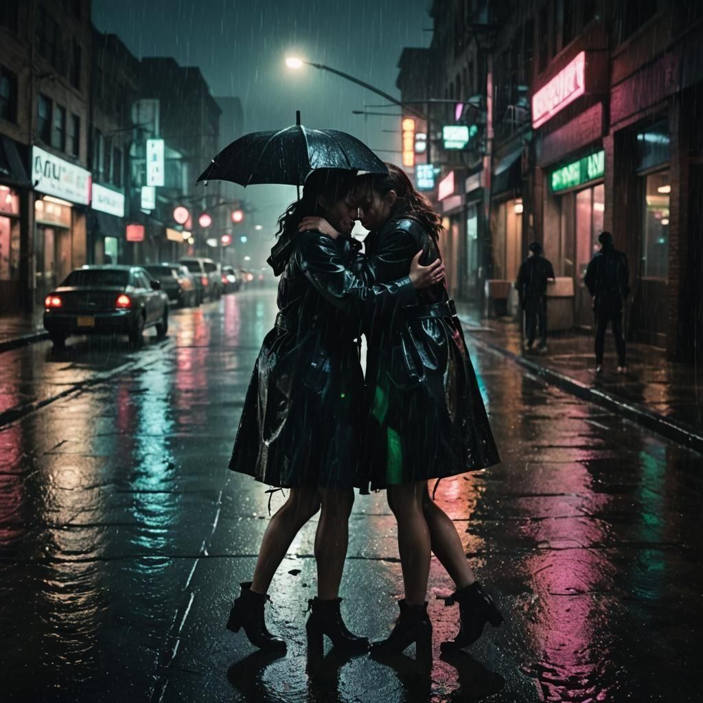 Two girls embracing each other on a rainy night in the city