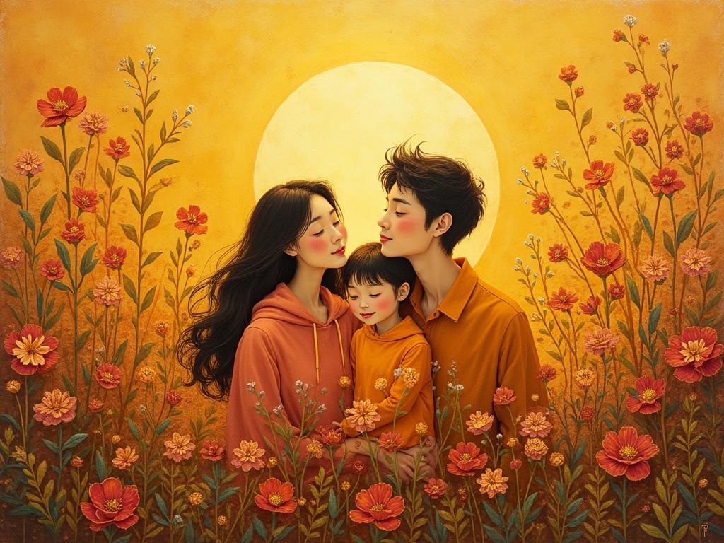 Golden Family Scene in Encaustic Art Style