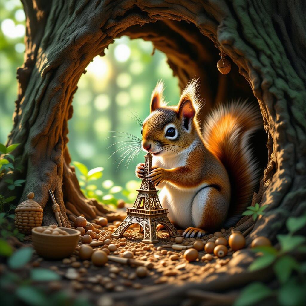 A whimsical scene of a  elf  flying squirrel meticulously crafting a miniature replica of the Eiffel Tower from acorns a...
