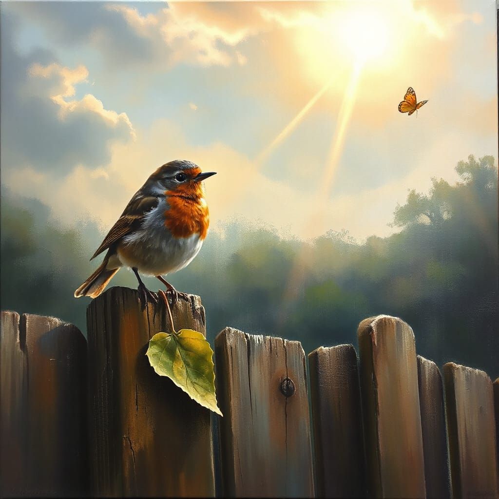 Impressionist Oil Painting: Robin, Leaf, and Rainbow