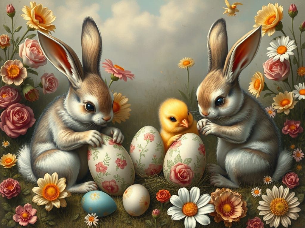 Vintage Easter Scene with Bunnies and Floral Motifs