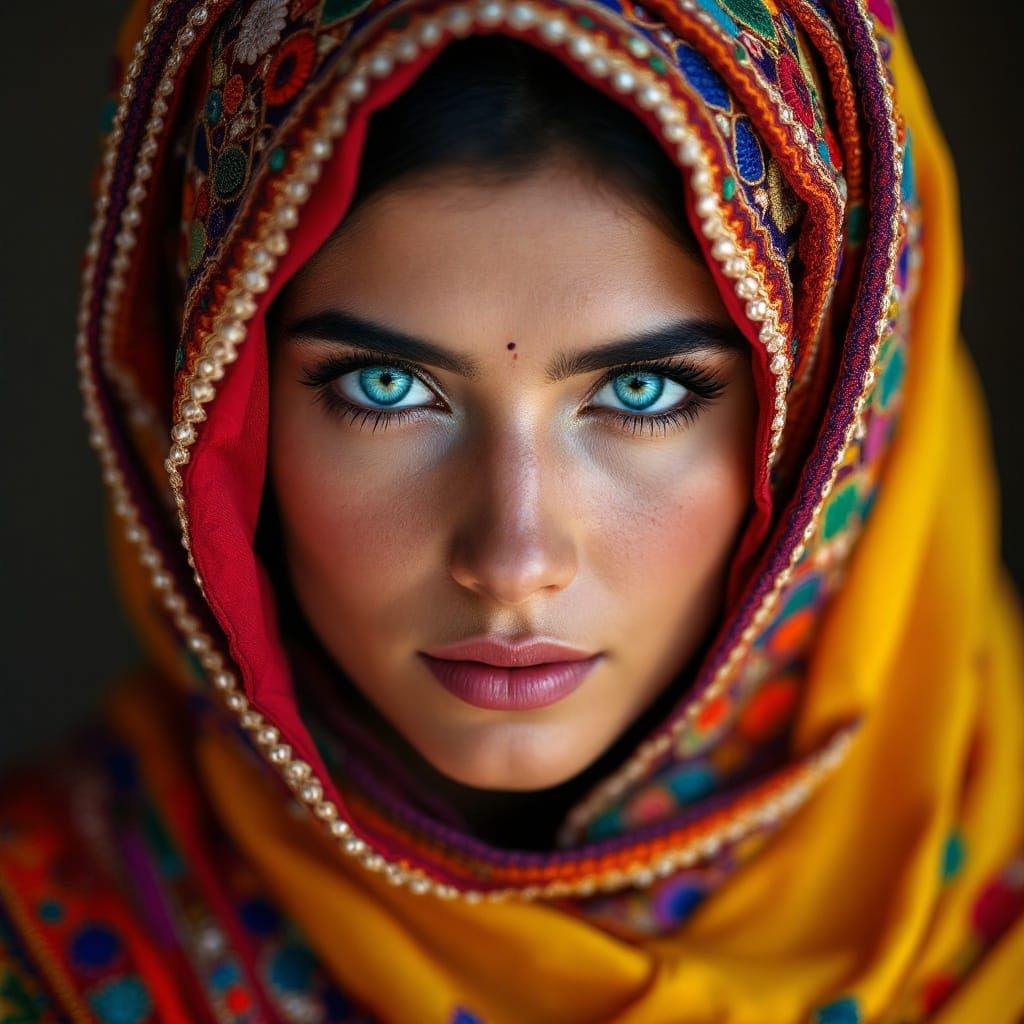 Afghan Woman with Blue-Green Eyes in Traditional Attire