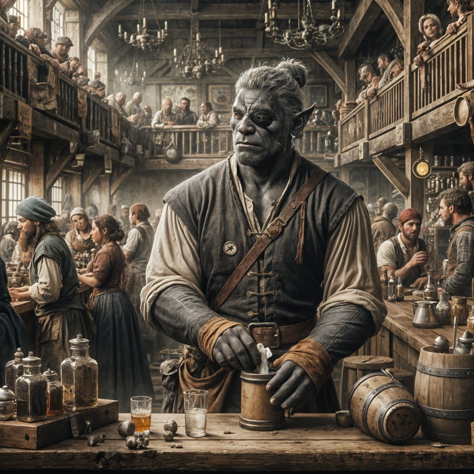 Half-Orc Tavern Owner Cleaning Mug in Bustling Tavern