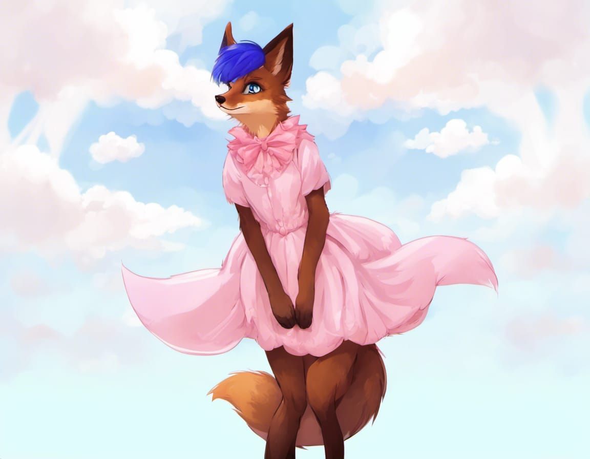 Cute Furry Fox in Pink Dress with Blue Hair