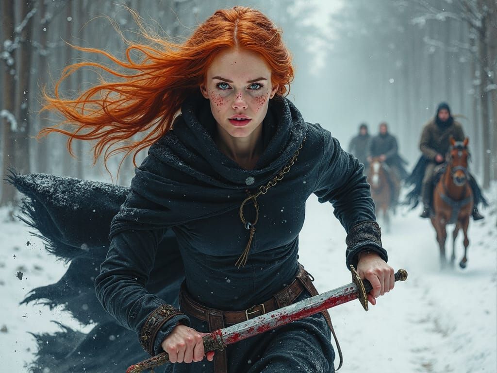 Mysterious Warrior Woman in Snowy Forest Landscape