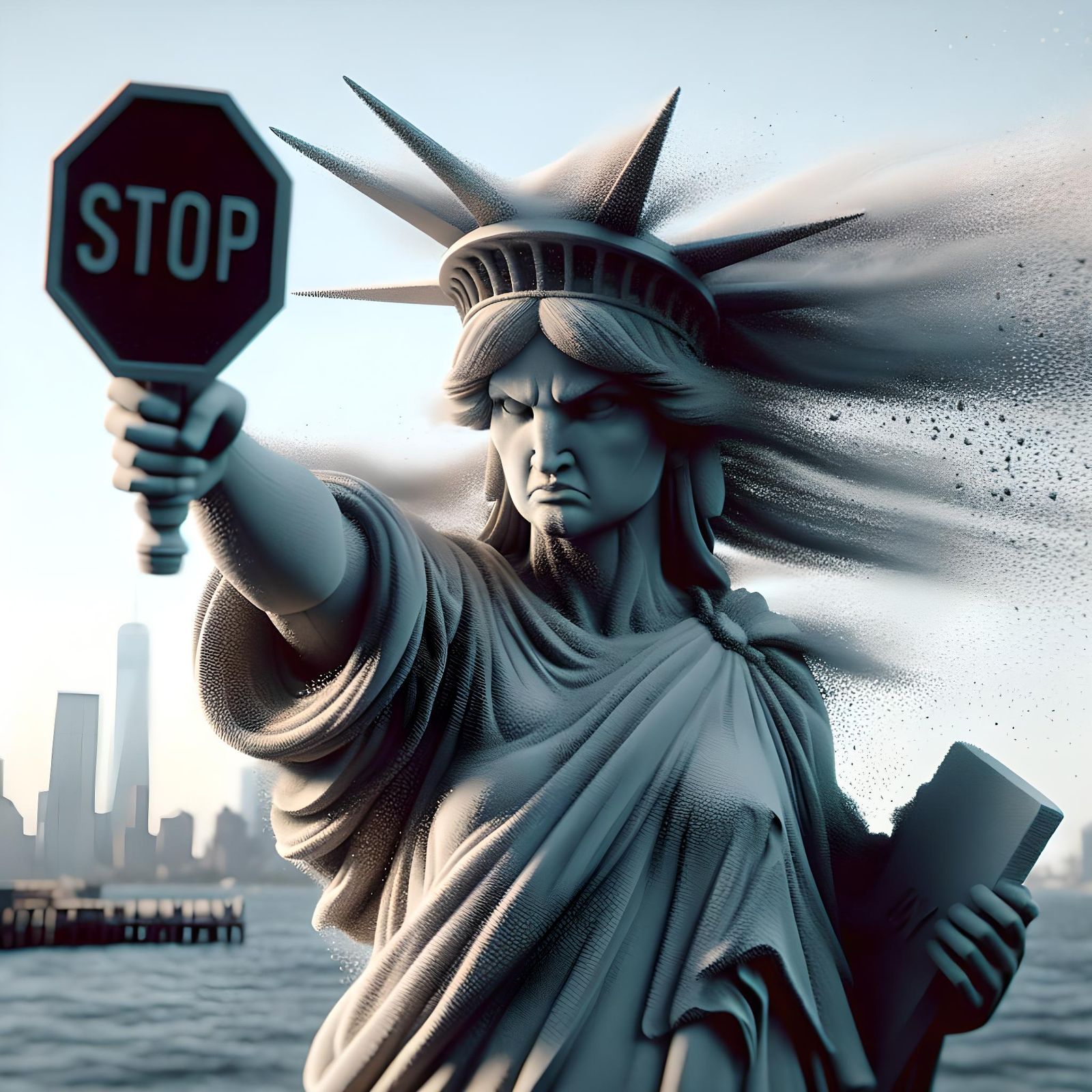 Displeased Statue of Liberty Caricature in Particulate Style