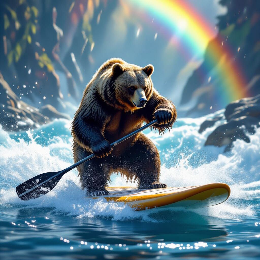 Majestic Bear Paddles Whitewater Rapid in Epic Fantasy Style