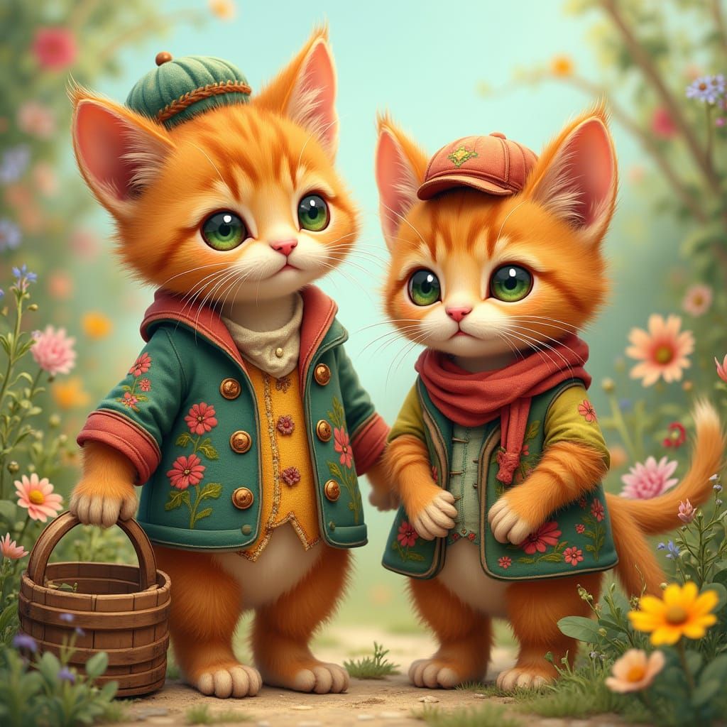 Whimsical Summer Kittens in Folk Attire