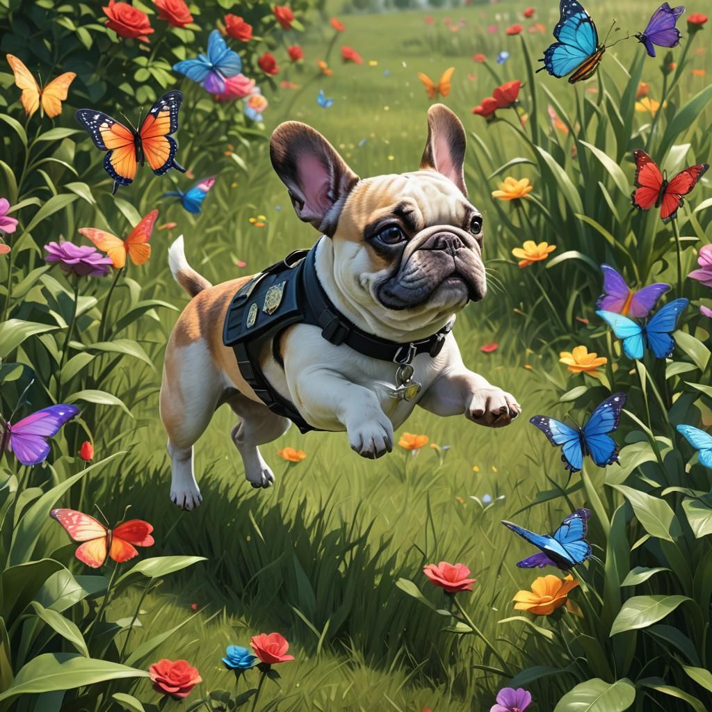 French Bulldog Cop Chasing Butterfly: Pixar Style 3D Art