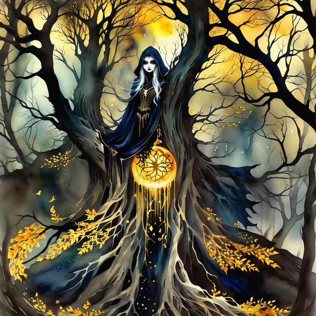 Golden Roots Watercolor Landscape in Gothic Style