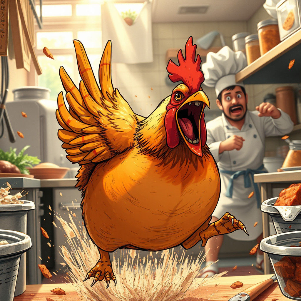 Chicken's Daring Escape: Anime-Style Kitchen Chaos