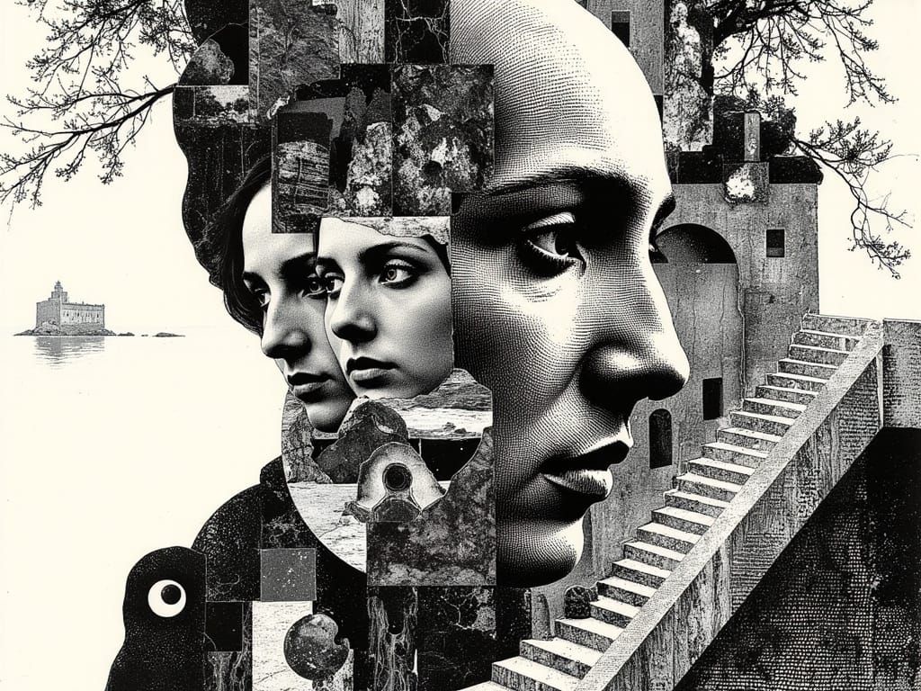 Escher-Inspired Geometric Staircase with Faces in Black and ...