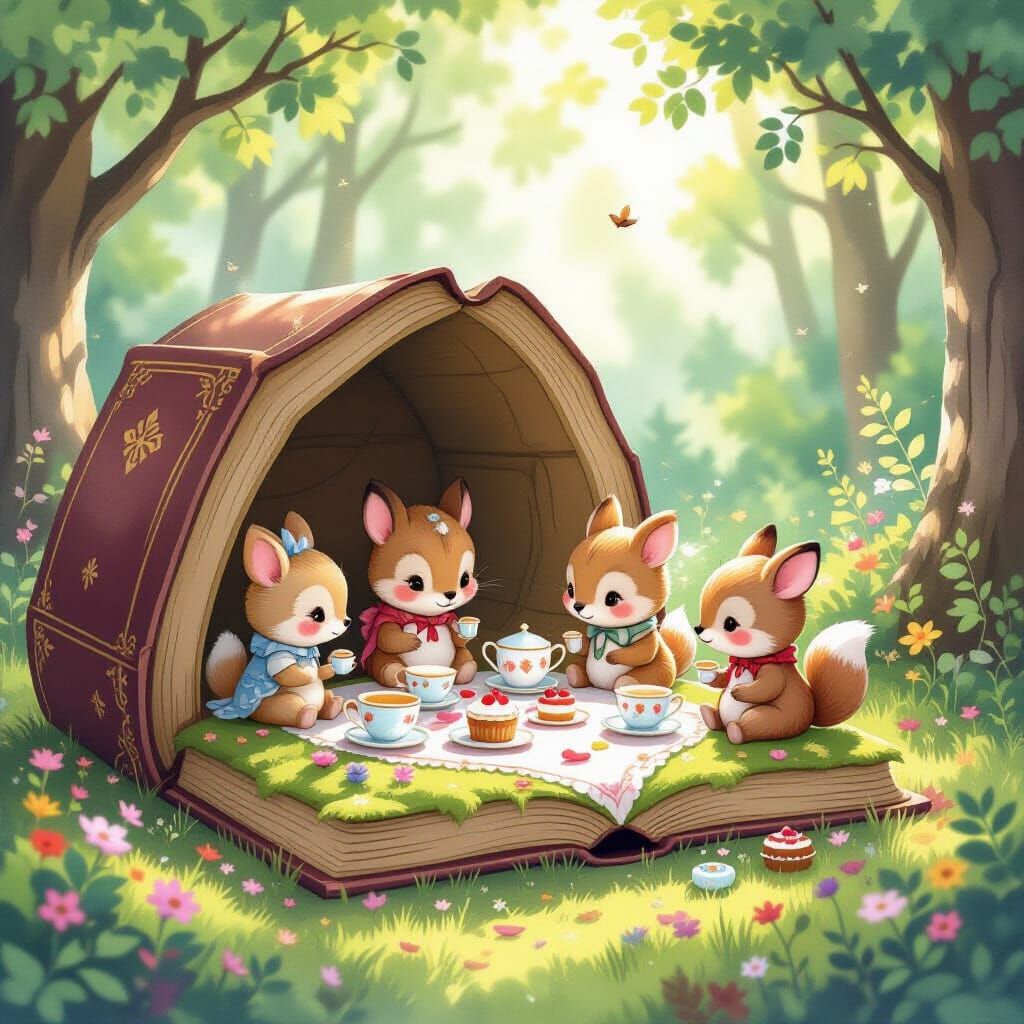 Woodland Creatures' Secret Tea Party in a Giant Book
