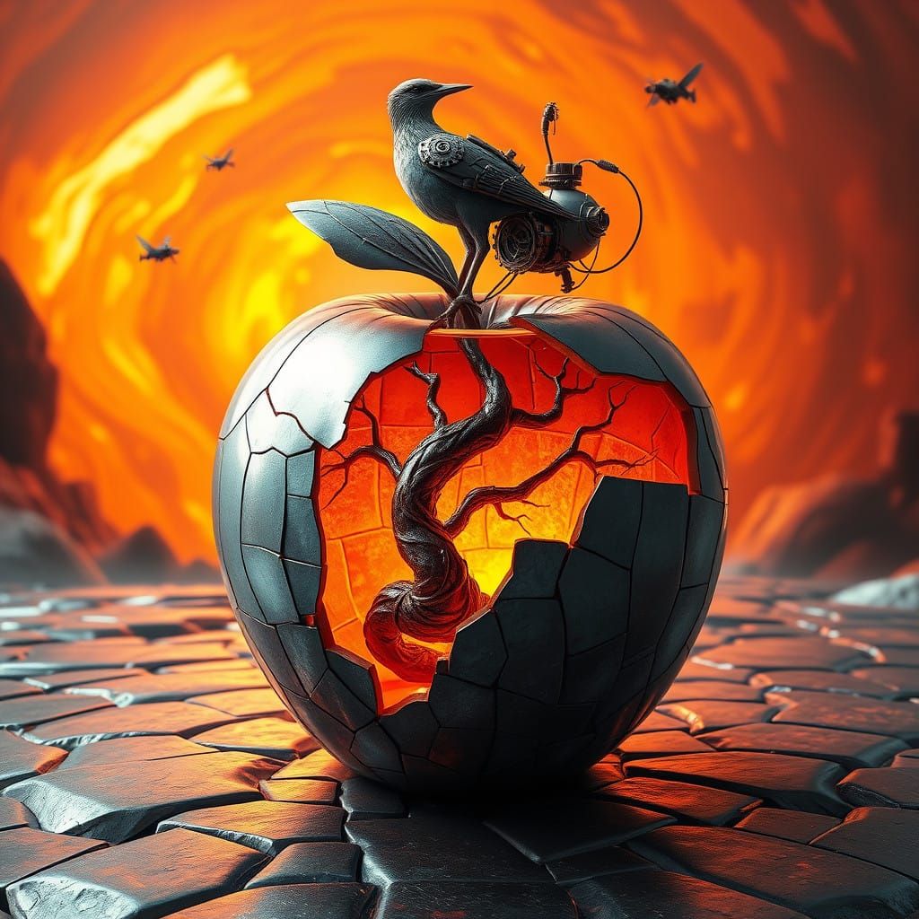 Surrealist Dreamscapes: Cracked Apple Reveals Fiery Inner Wo...