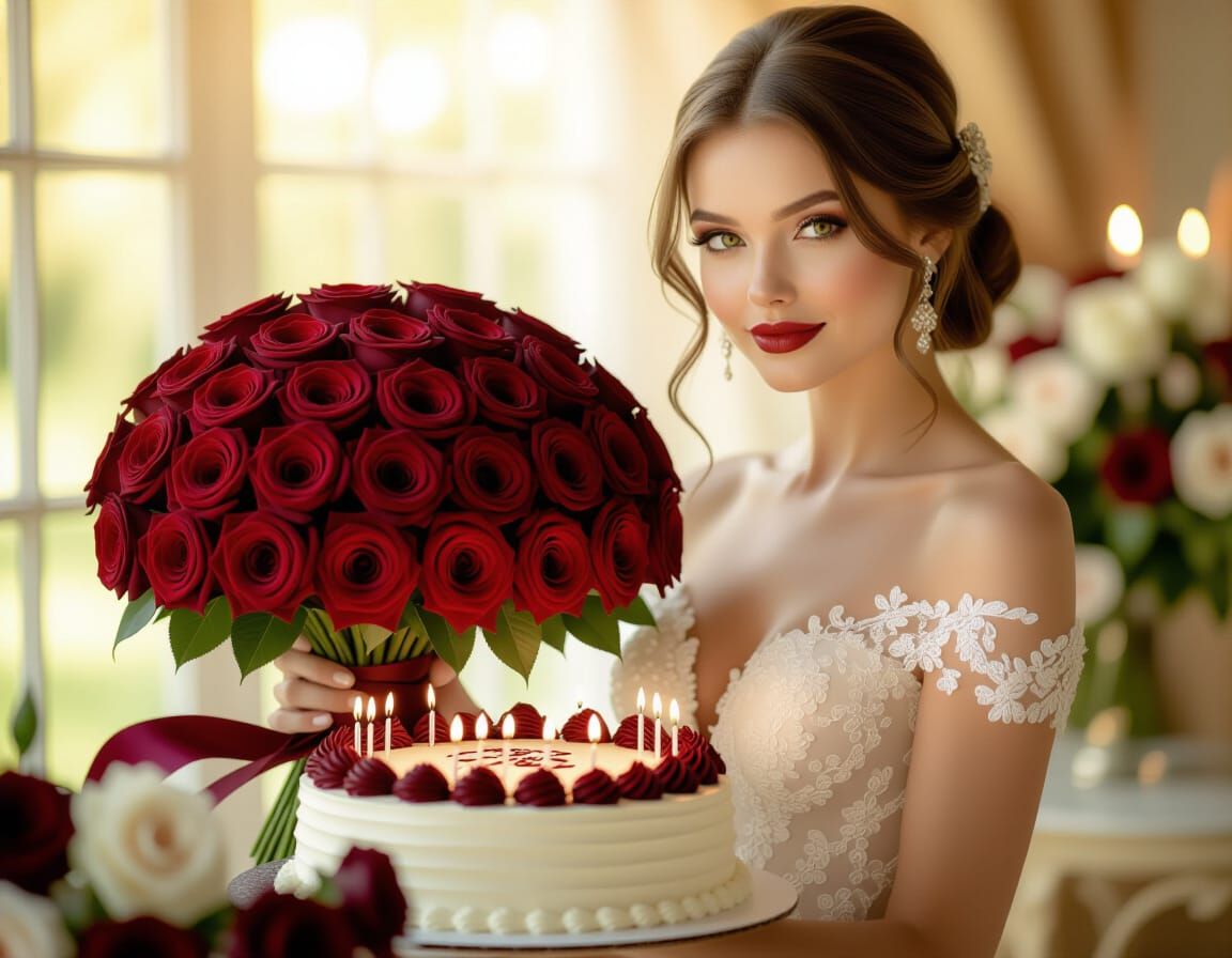 Elegant Woman With Roses and Cake, Hyperrealistic Style