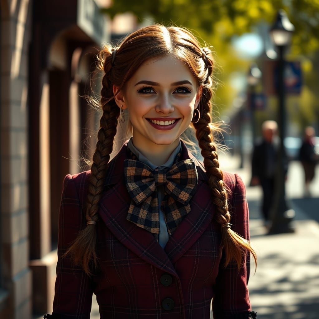 Gothic Lady in Plaid Suit, Smiling on a Sunny Day