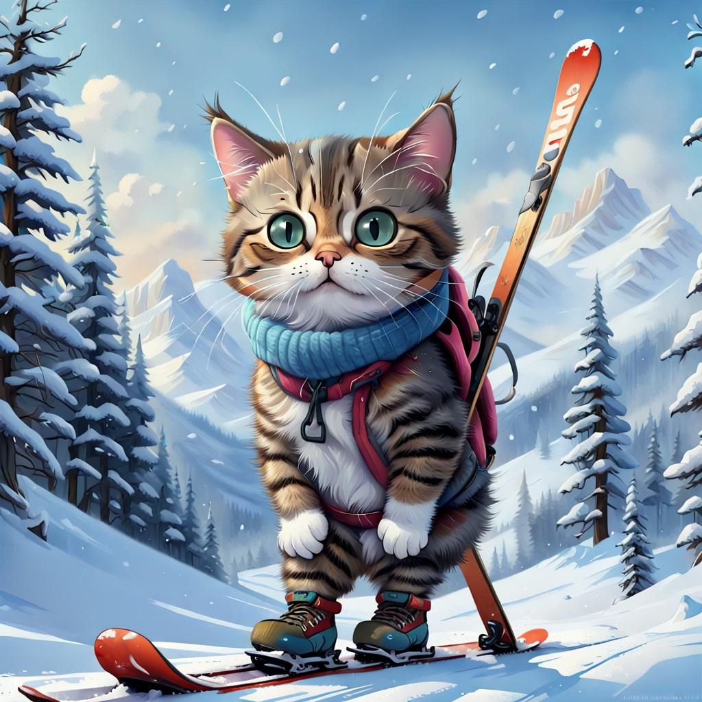 Cat on Skis in Snow: Cute Digital Art