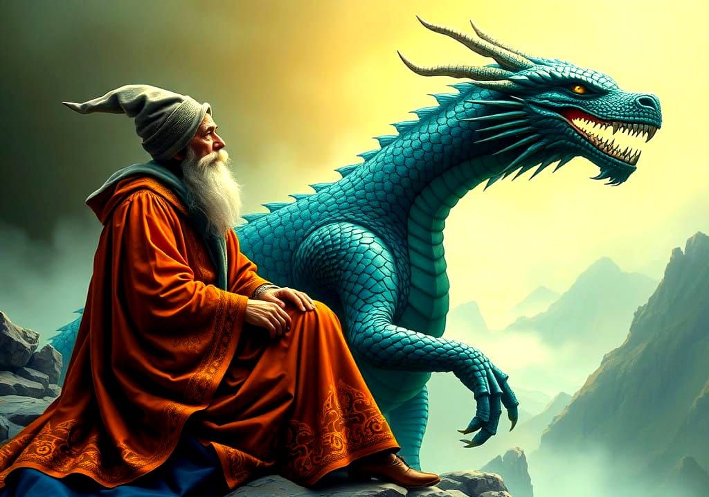 Majestic Wizard and Dragon Contemplate Existence in Fantasy...
