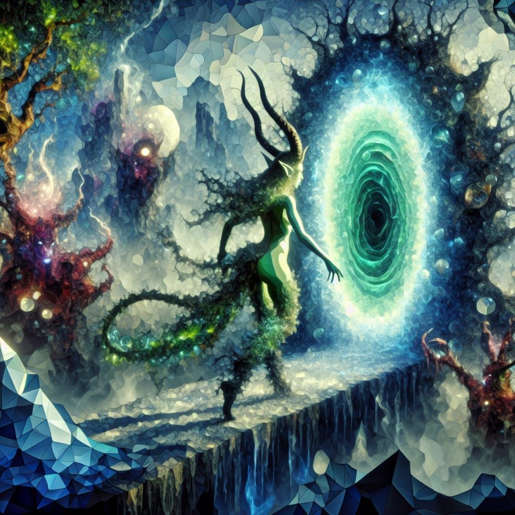 Ethereal Crystalline Metamorphosis Cubism, a female troll en...