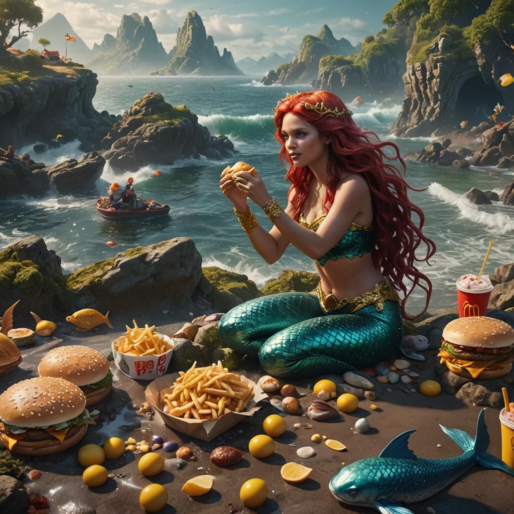 Mermaid Enjoys McDonald's: Detailed Matte Painting