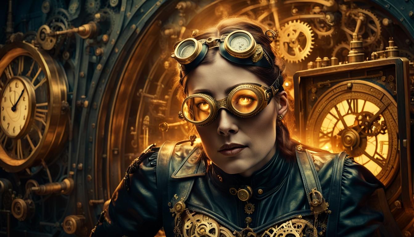 Steampunk Woman and Time Machine in Retro-Futuristic Style