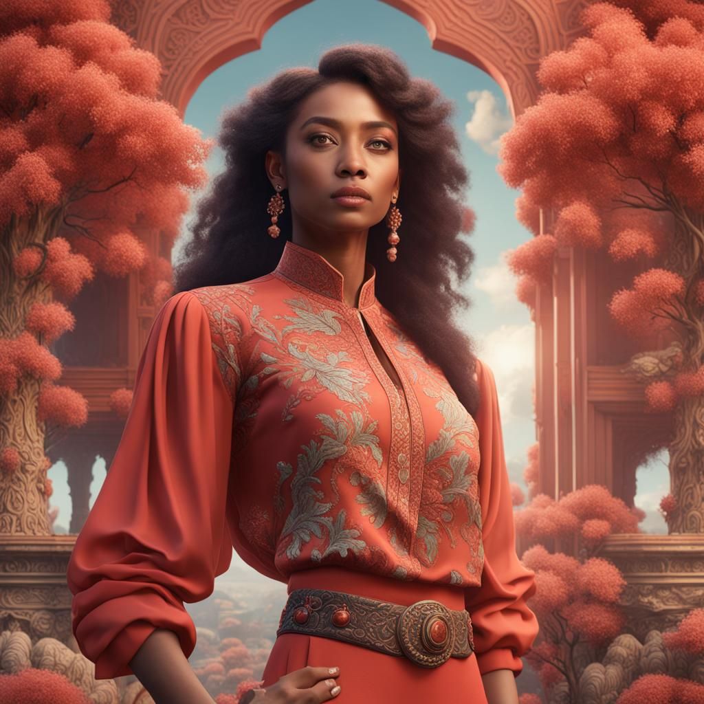 Woman in Coral Outfit: Detailed Fantasy Art