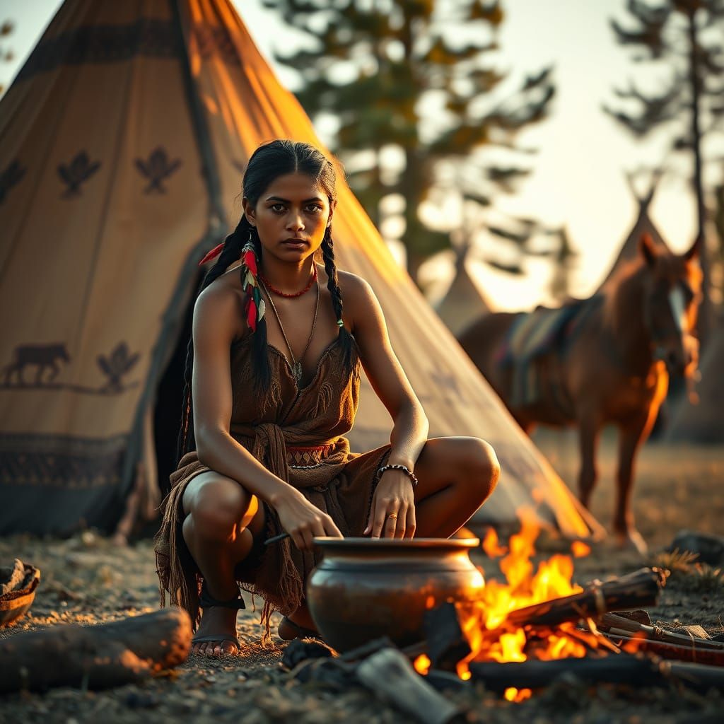 Native American Woman Cooking Stew at Golden Hour