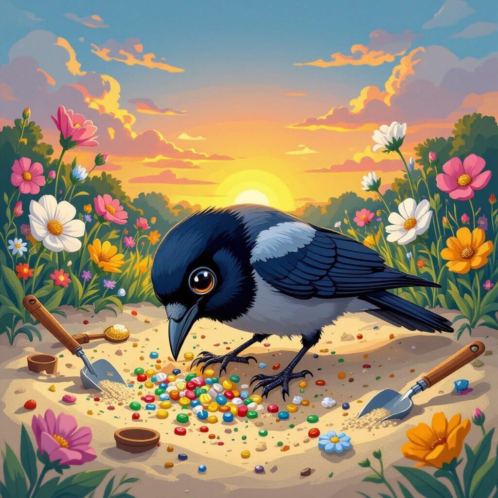 Jackdaw Digging for Treasure in Whimsical Sandpit