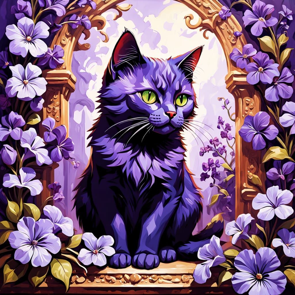 Baroque Cat in Violet Floral Still Life